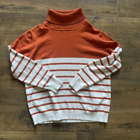 Rust Orange & White Striped Turtleneck Sweater XL – Cozy Knit Pullover - Picture 1 of 7
